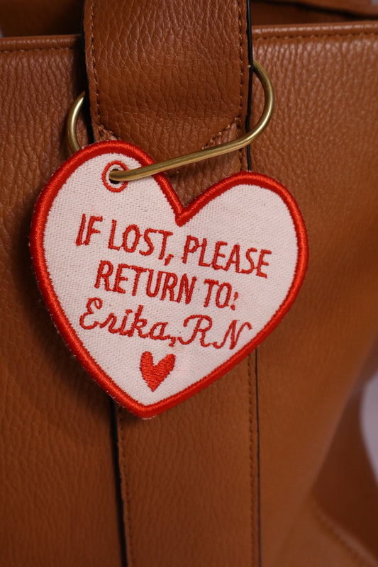 "If Lost, Please Return To” Heart Bag Charm